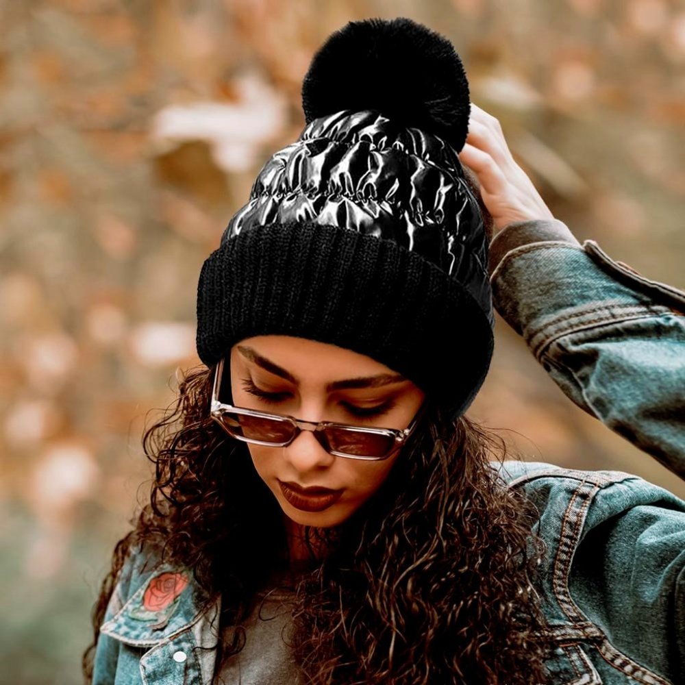 Ladies Winter Metallic Pom Pom Beanie w/Fleece Lining